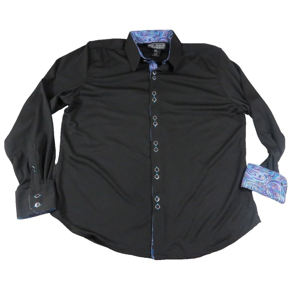 Anton Alexander Active Mens XL Black Button Up Shirt Paisley Trim Flip Cuff USA